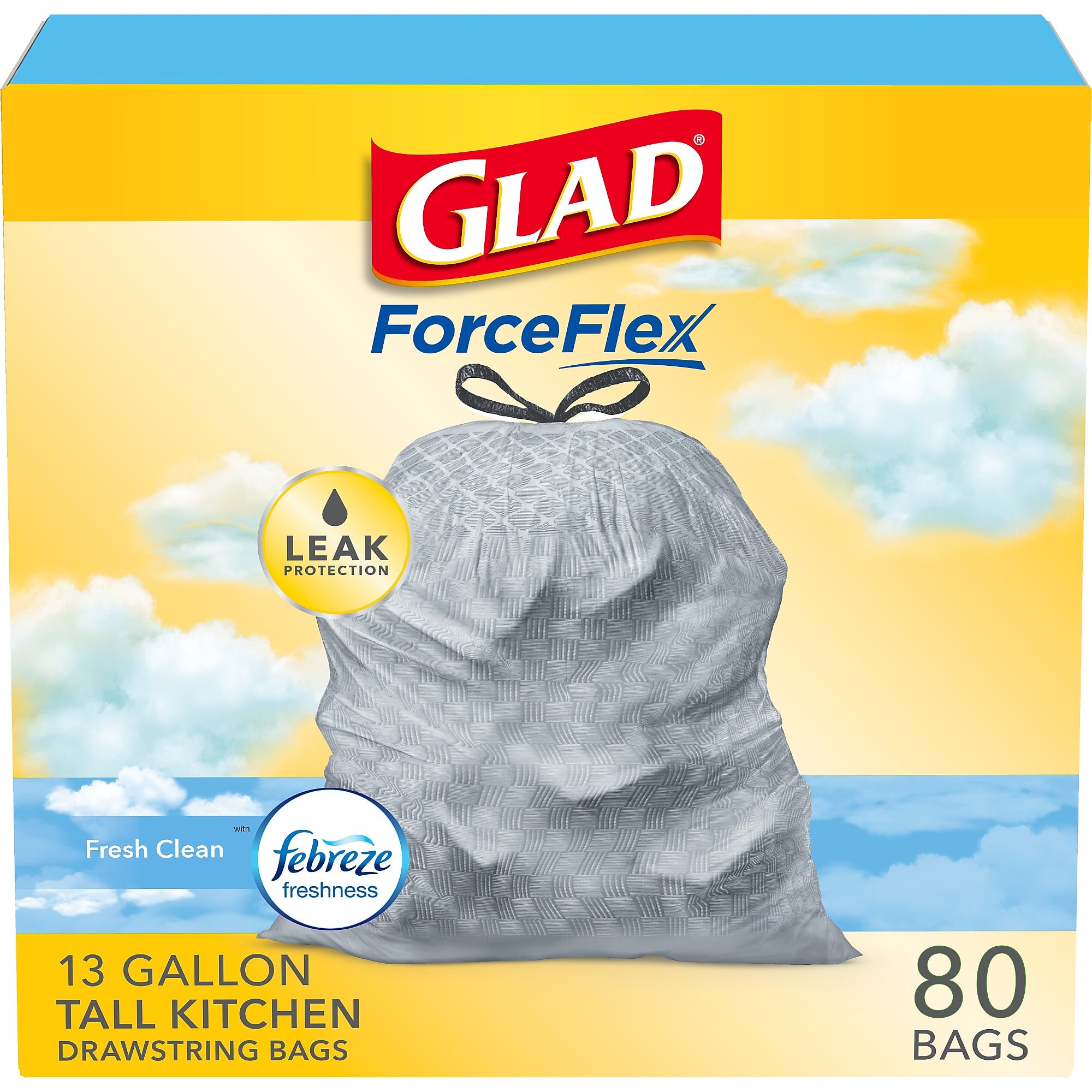 Glad ForceFlex Tall Kitchen Drawstring Trash Bags, 13 Gallon, Fresh Clean scent with Febreze Freshness, 80/Box