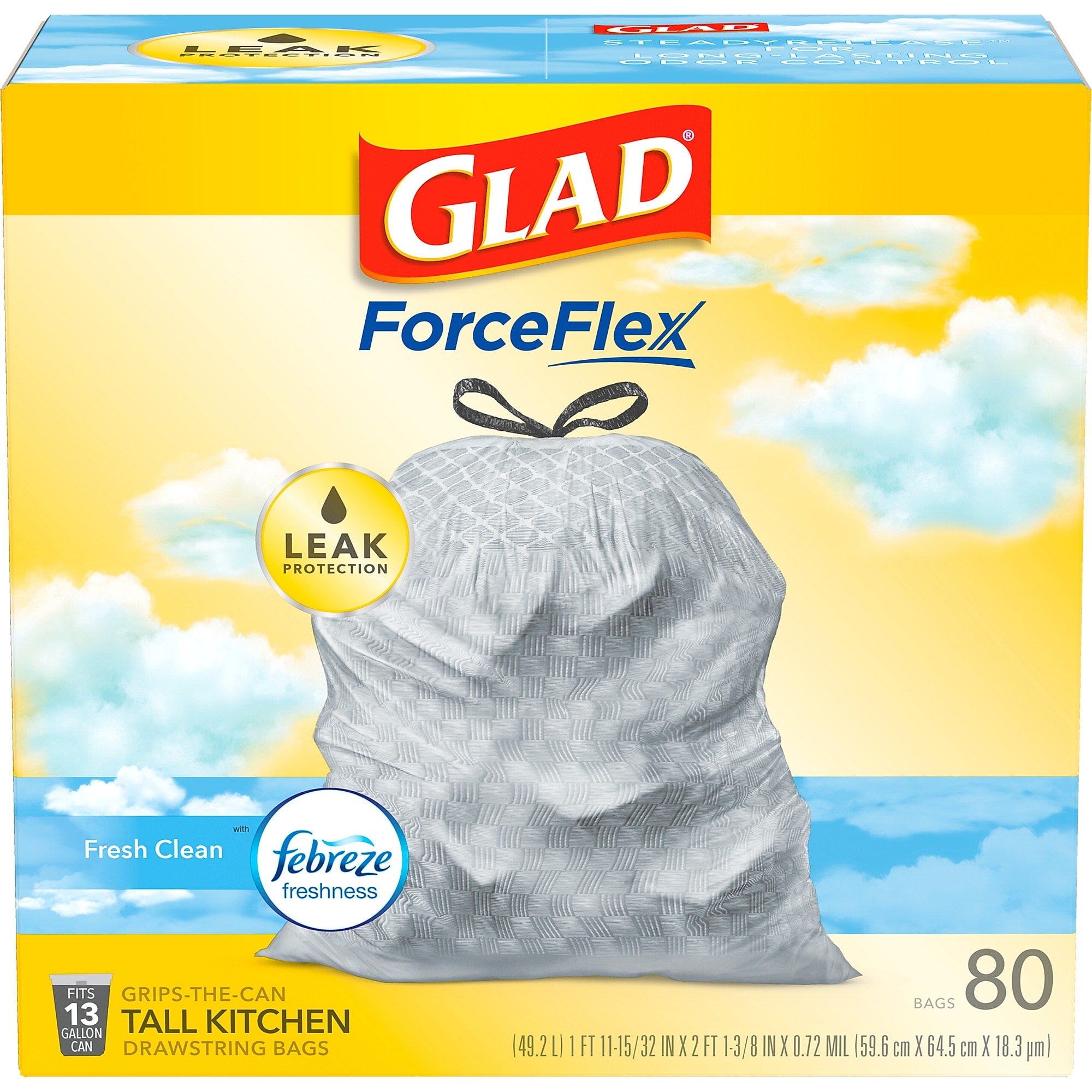 Glad ForceFlex Tall Kitchen Drawstring Trash Bags, 13 Gallon, Fresh Clean scent with Febreze Freshness, 80/Box