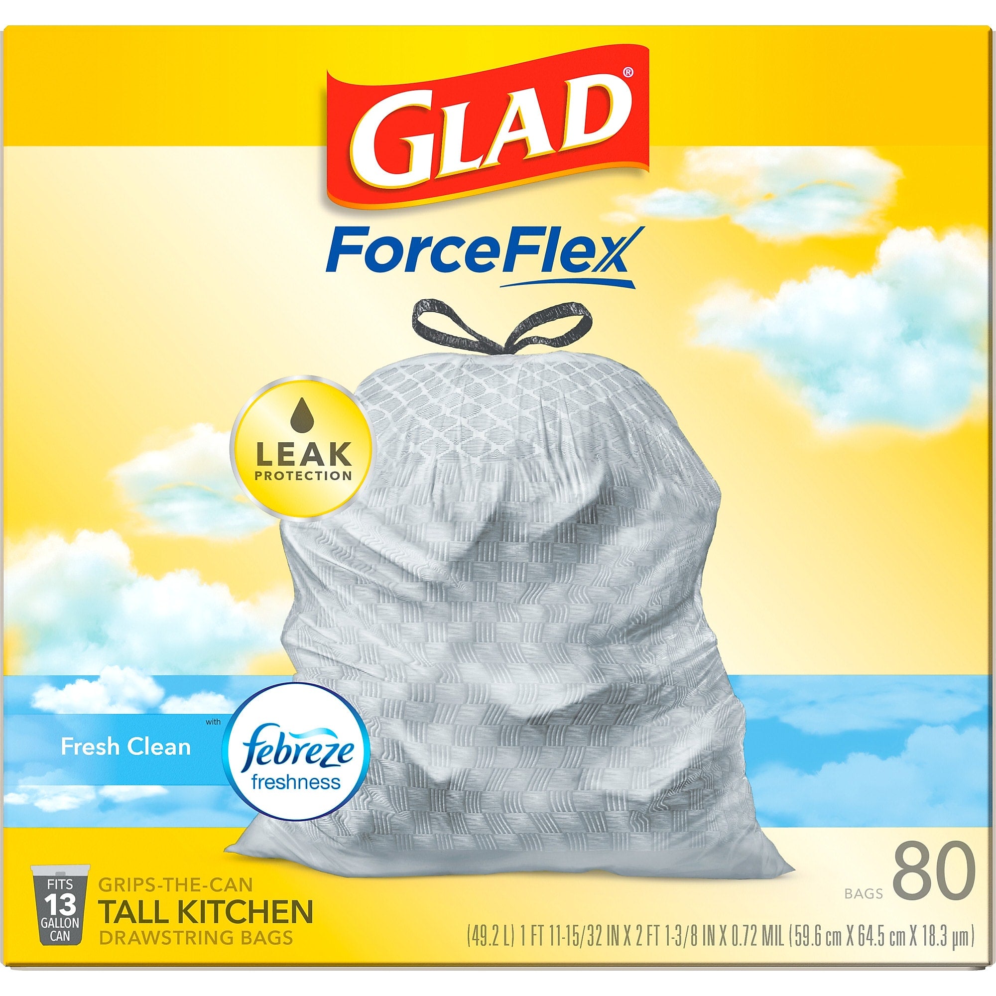 Glad ForceFlex Tall Kitchen Drawstring Trash Bags, 13 Gallon, Fresh Clean scent with Febreze Freshness, 80/Box