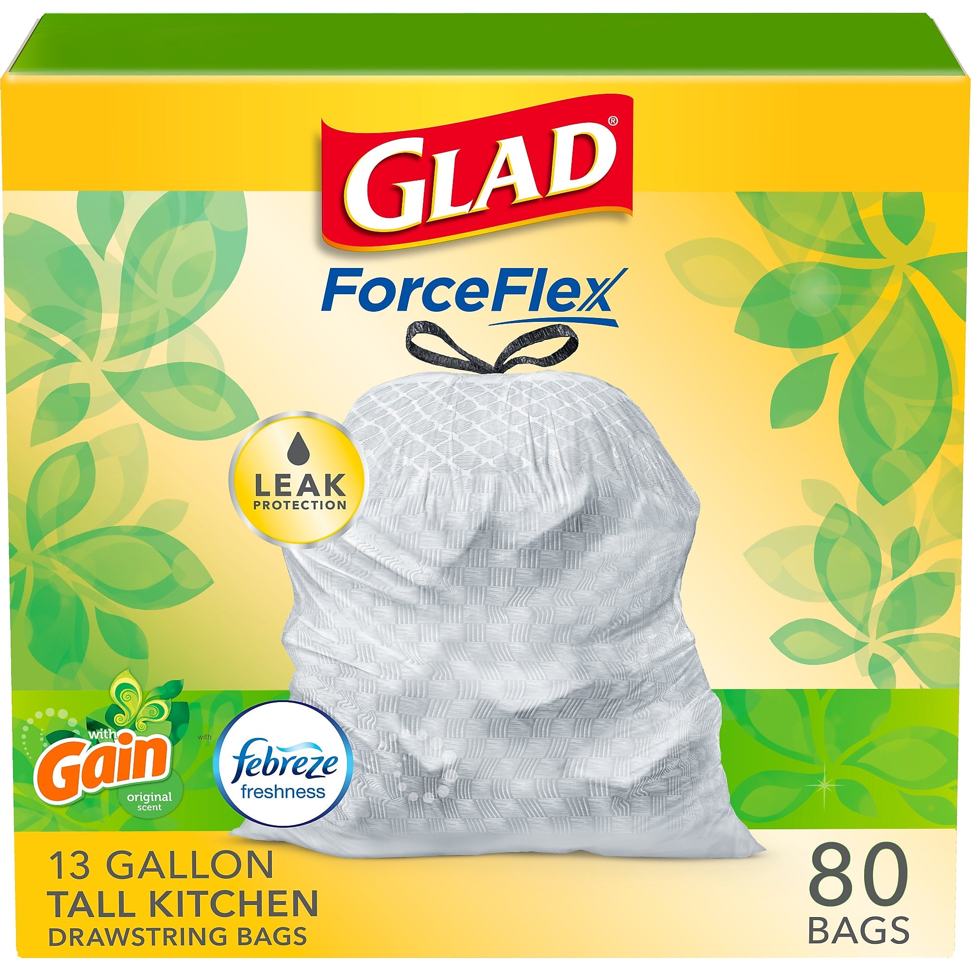 Glad ForceFlex Tall Kitchen Drawstring Trash Bags, 13 Gallon, White, Gain Original scent, 80/Box