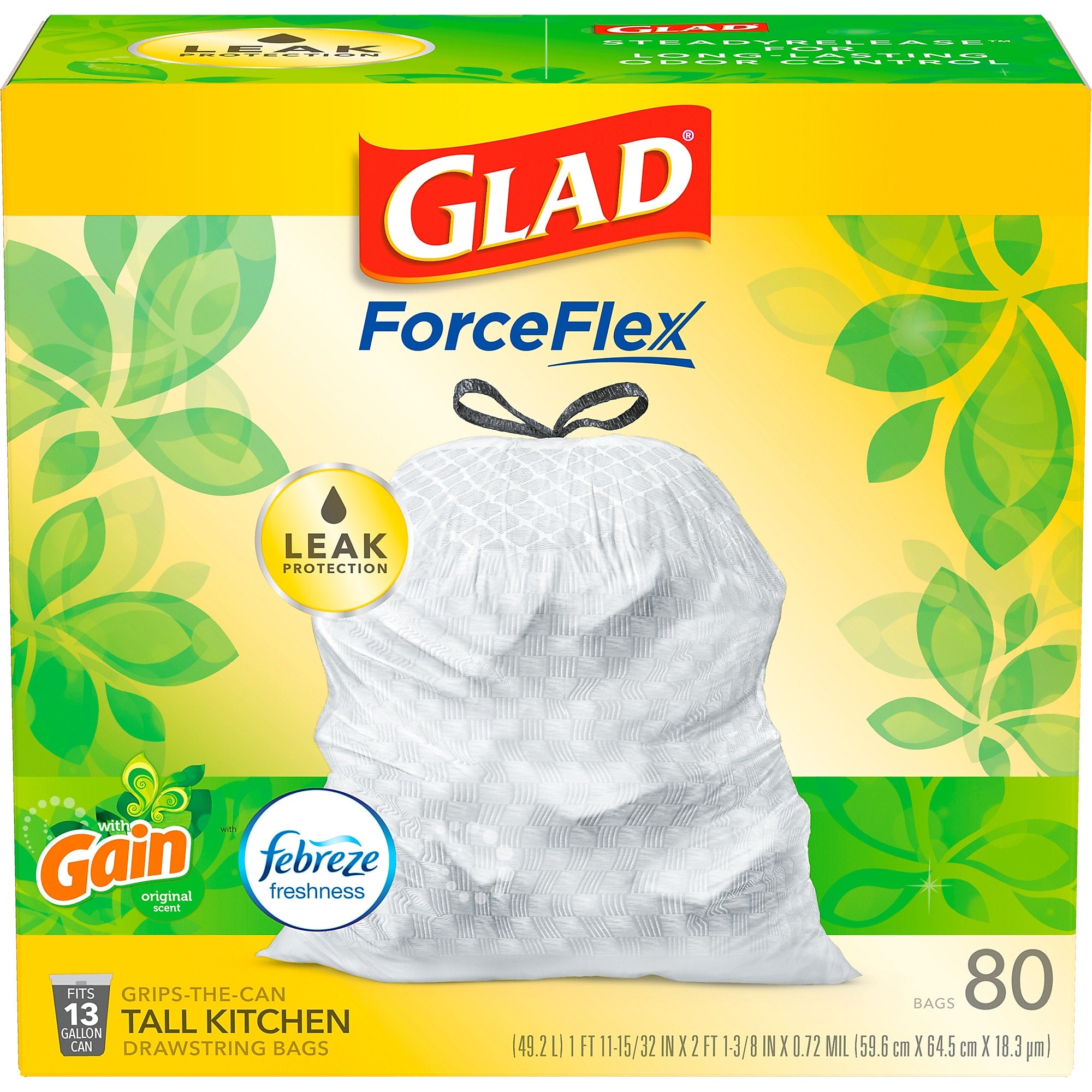 Glad ForceFlex Tall Kitchen Drawstring Trash Bags, 13 Gallon, White, Gain Original scent, 80/Box