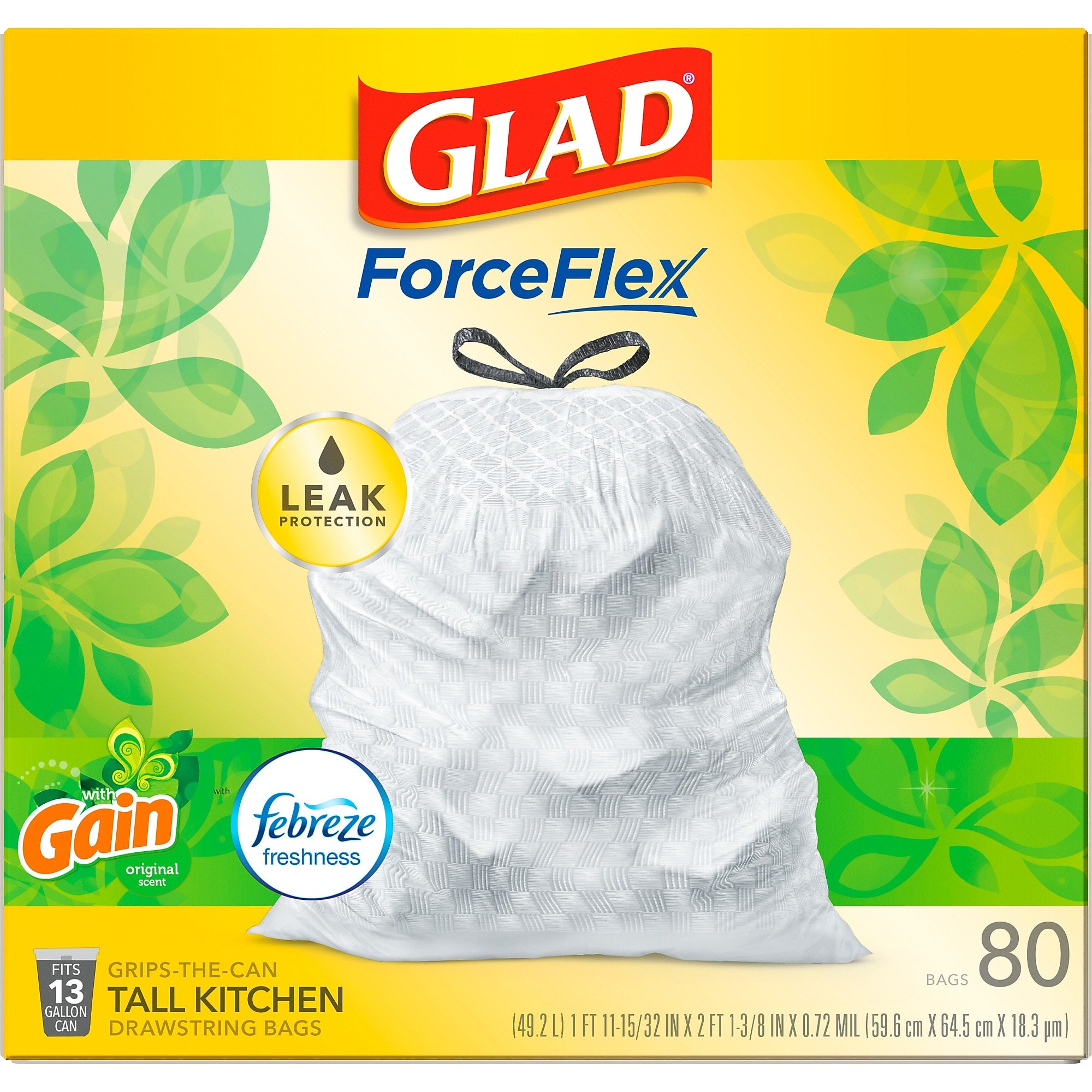 Glad ForceFlex Tall Kitchen Drawstring Trash Bags, 13 Gallon, White, Gain Original scent, 80/Box