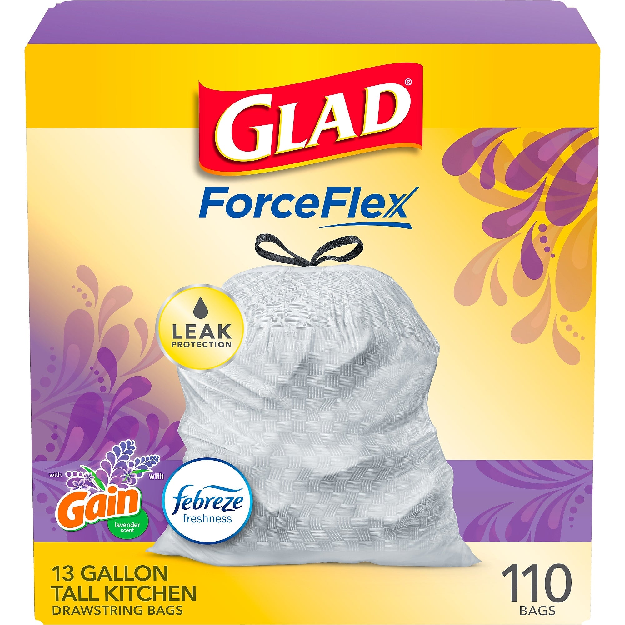 Glad ForceFlex Tall Kitchen Drawstring Trash Bags, 13 Gallon, White, Mediterranean Lavender scent, 110/Box