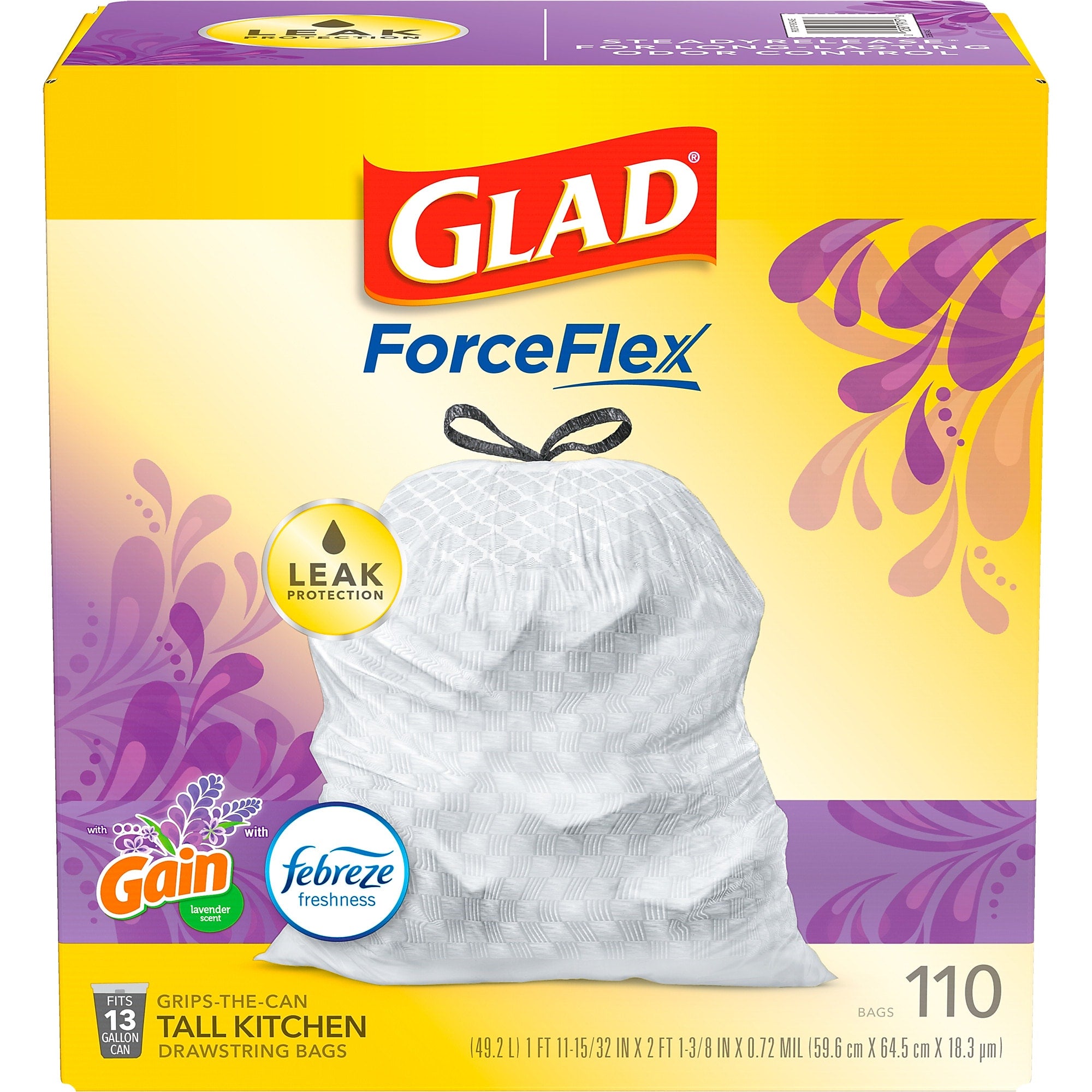 Glad ForceFlex Tall Kitchen Drawstring Trash Bags, 13 Gallon, White, Mediterranean Lavender scent, 110/Box