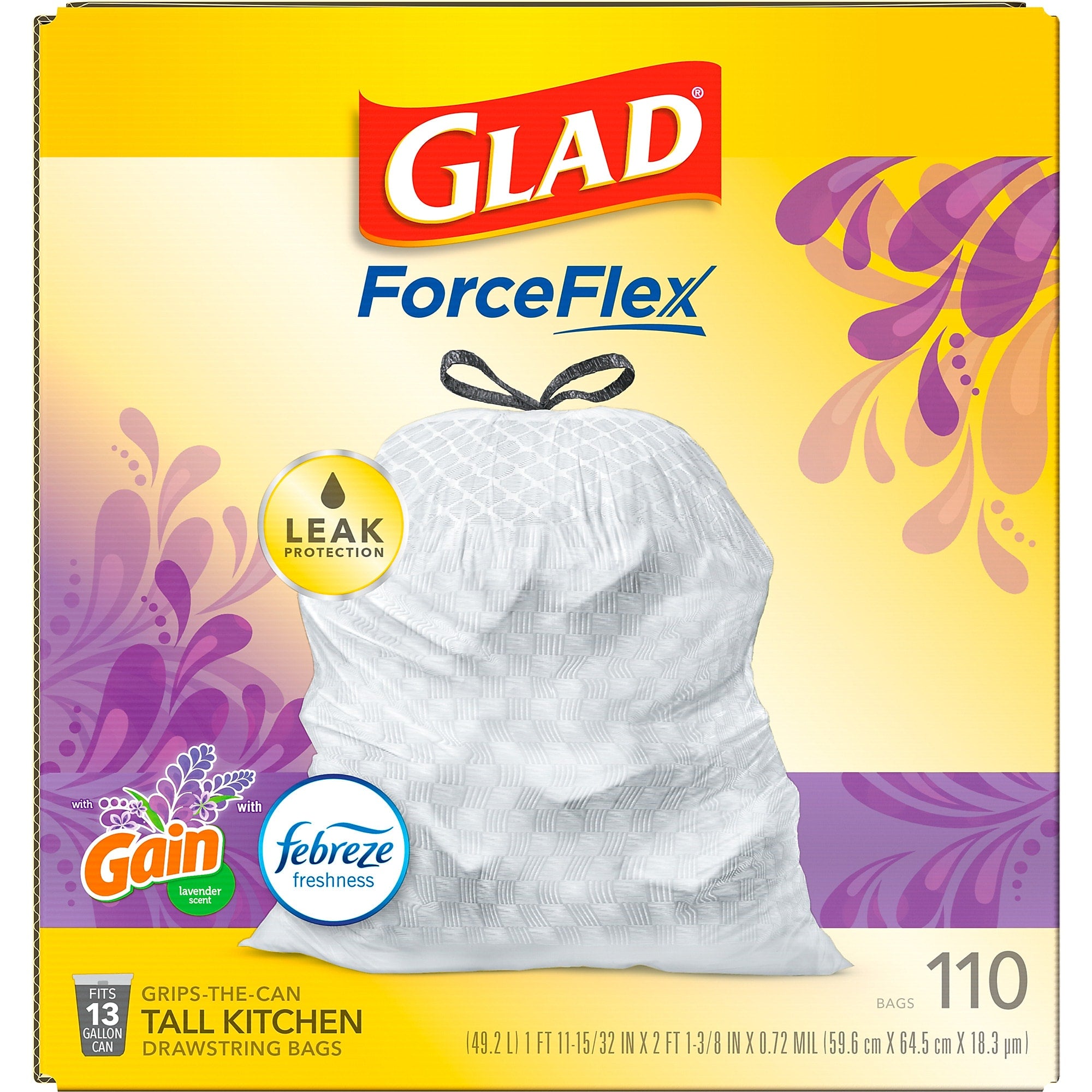 Glad ForceFlex Tall Kitchen Drawstring Trash Bags, 13 Gallon, White, Mediterranean Lavender scent, 110/Box