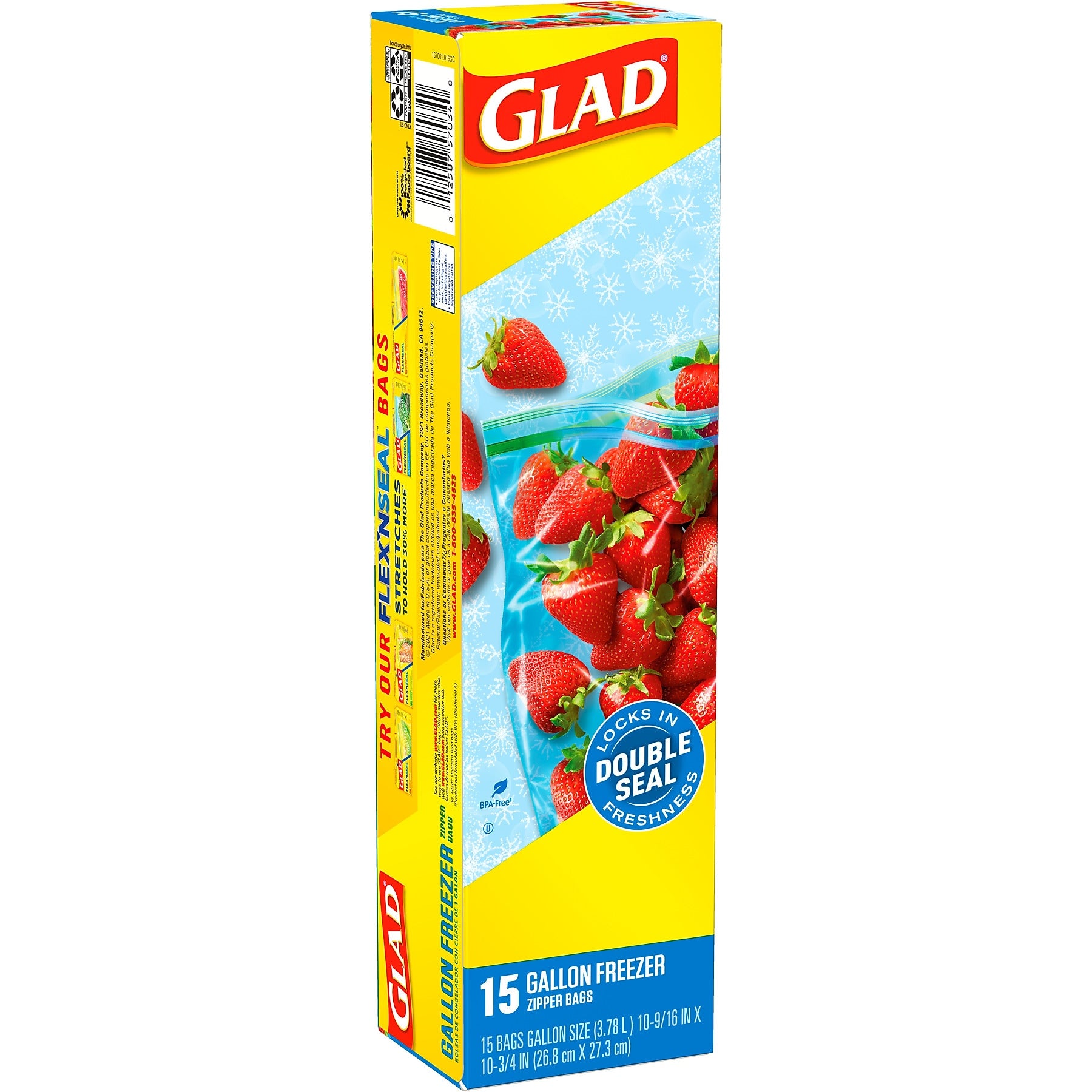 Glad Zipper Freezer Bags, Gallon, 15 Bags/Box