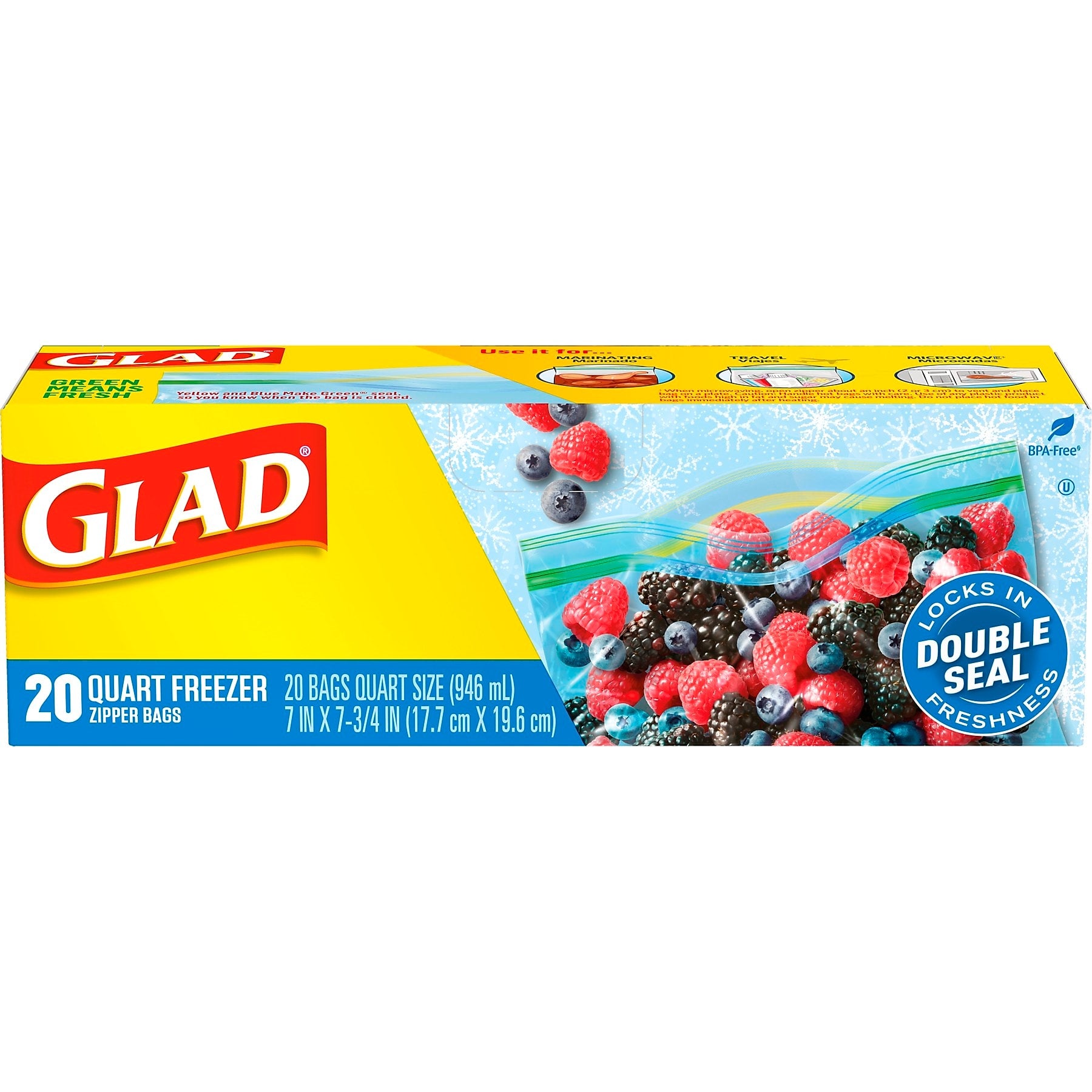 Glad Zipper Freezer Bags, Quart, 20 Bags/Box