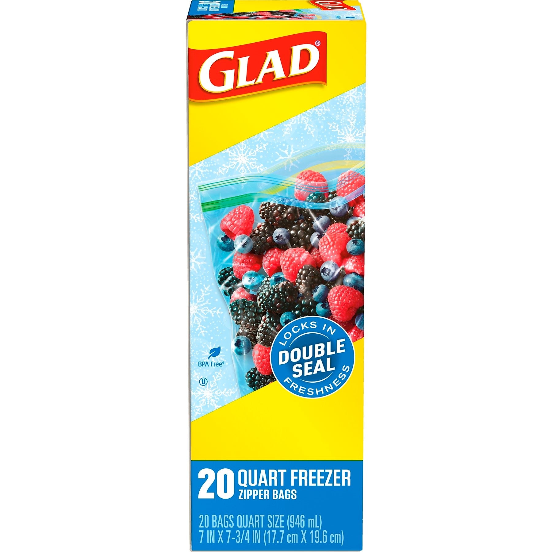 Glad Zipper Freezer Bags, Quart, 20 Bags/Box