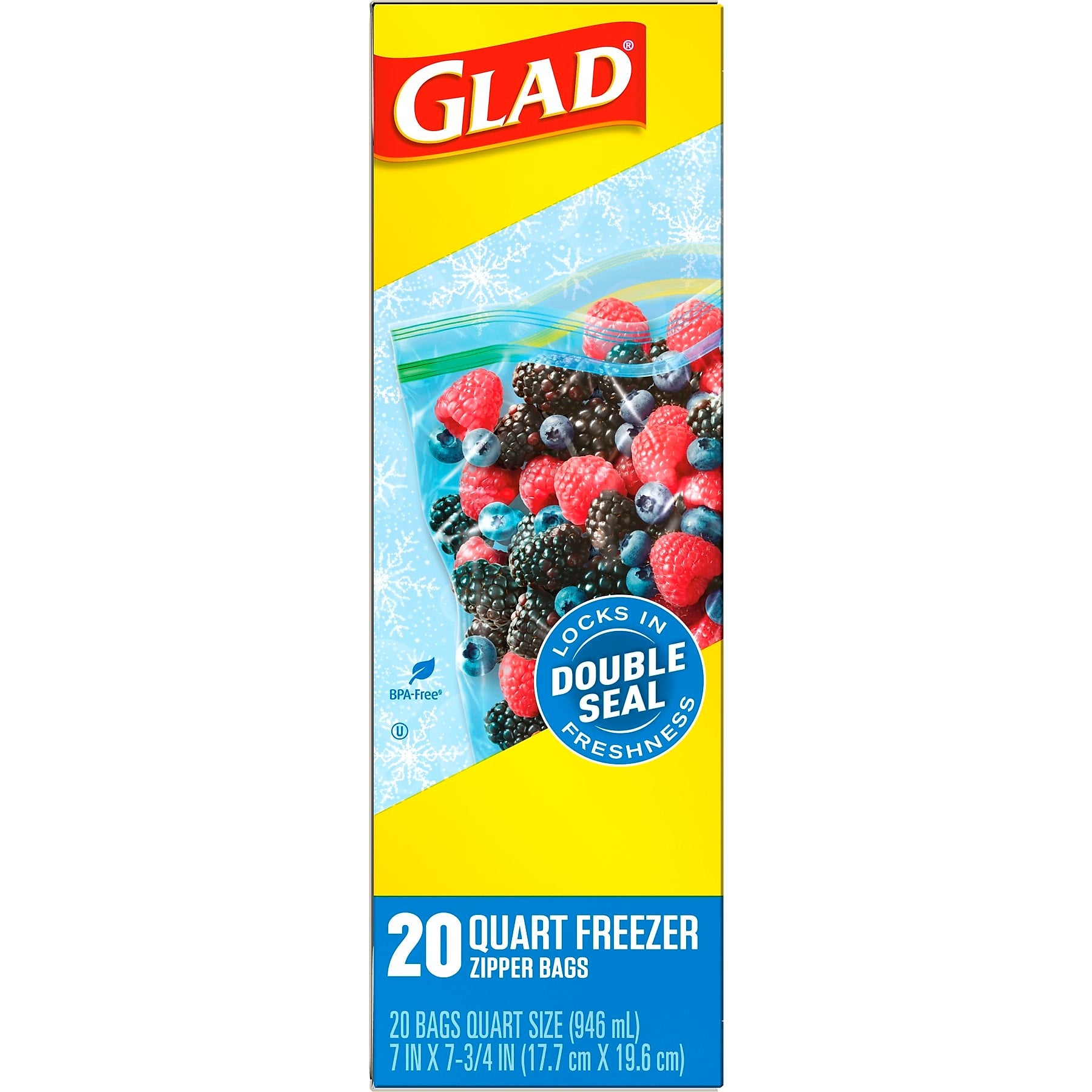 Glad Zipper Freezer Bags, Quart, 20 Bags/Box