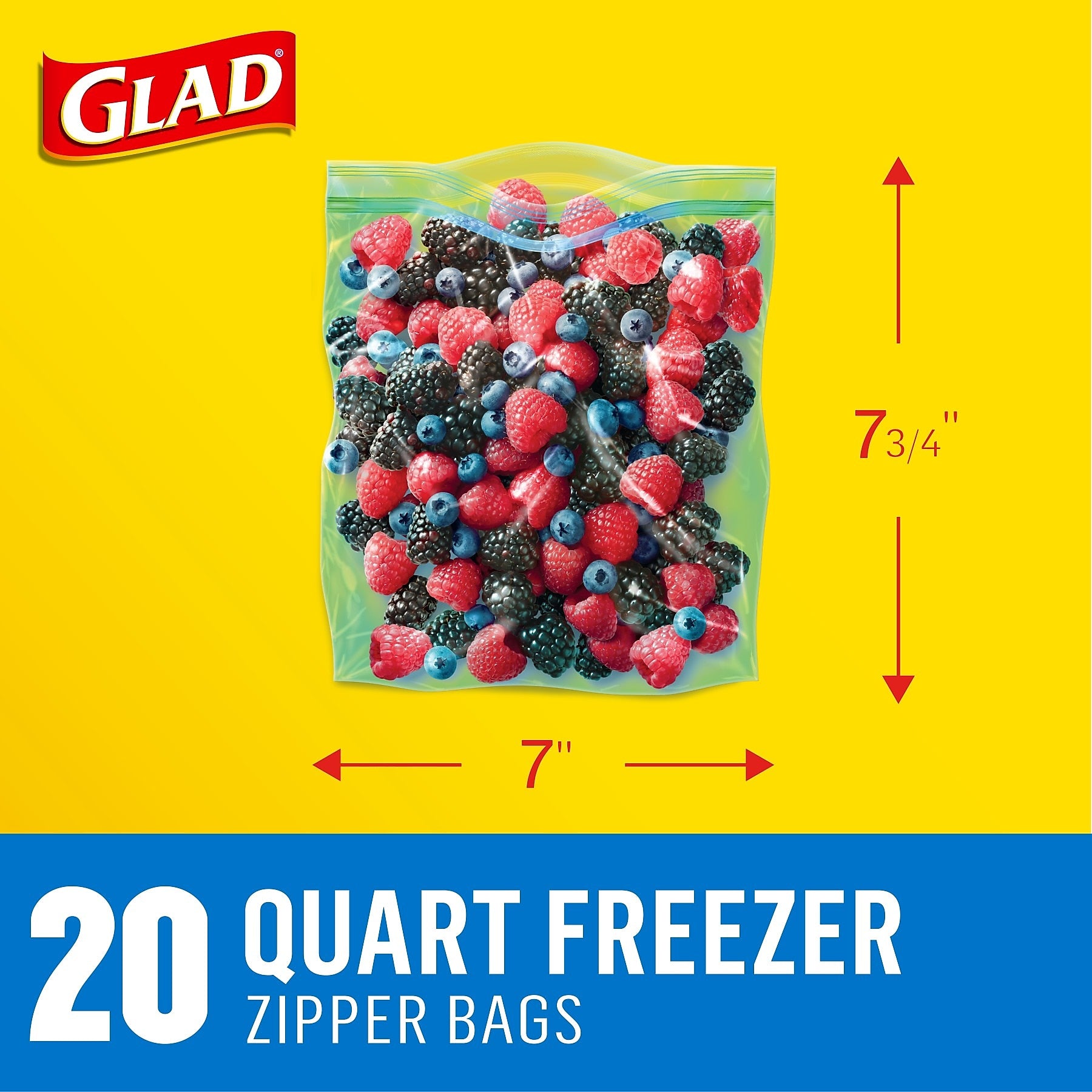 Glad Zipper Freezer Bags, Quart, 20 Bags/Box