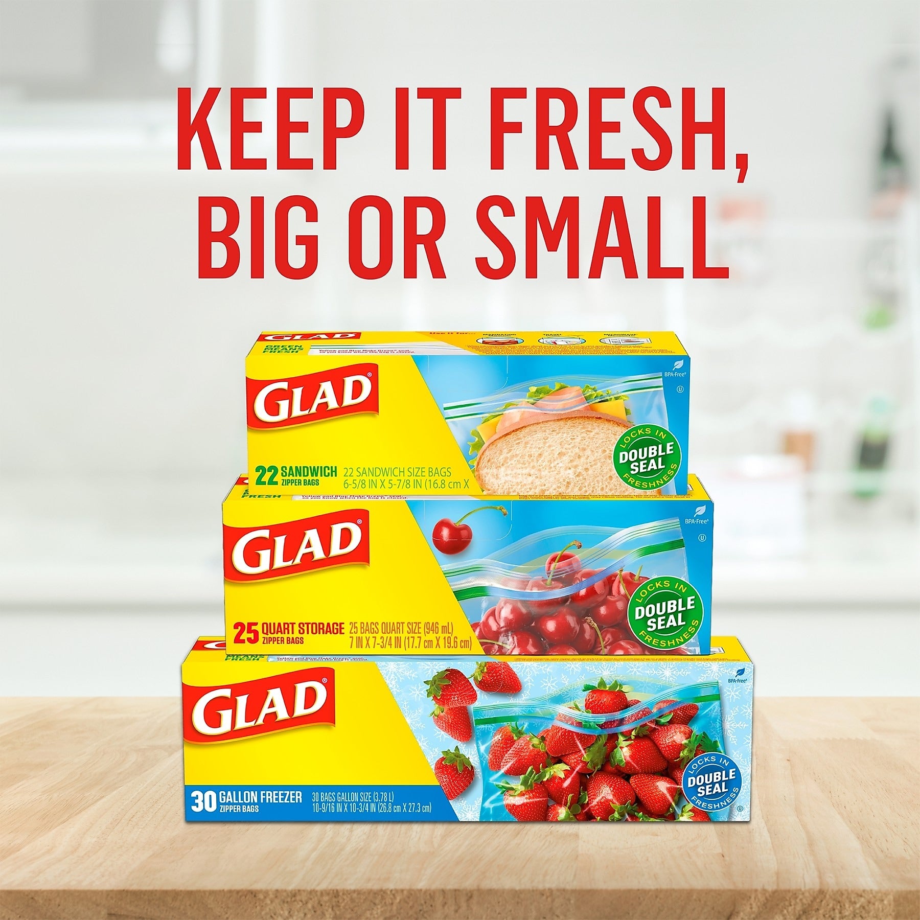 Glad Zipper Freezer Bags, Quart, 20 Bags/Box