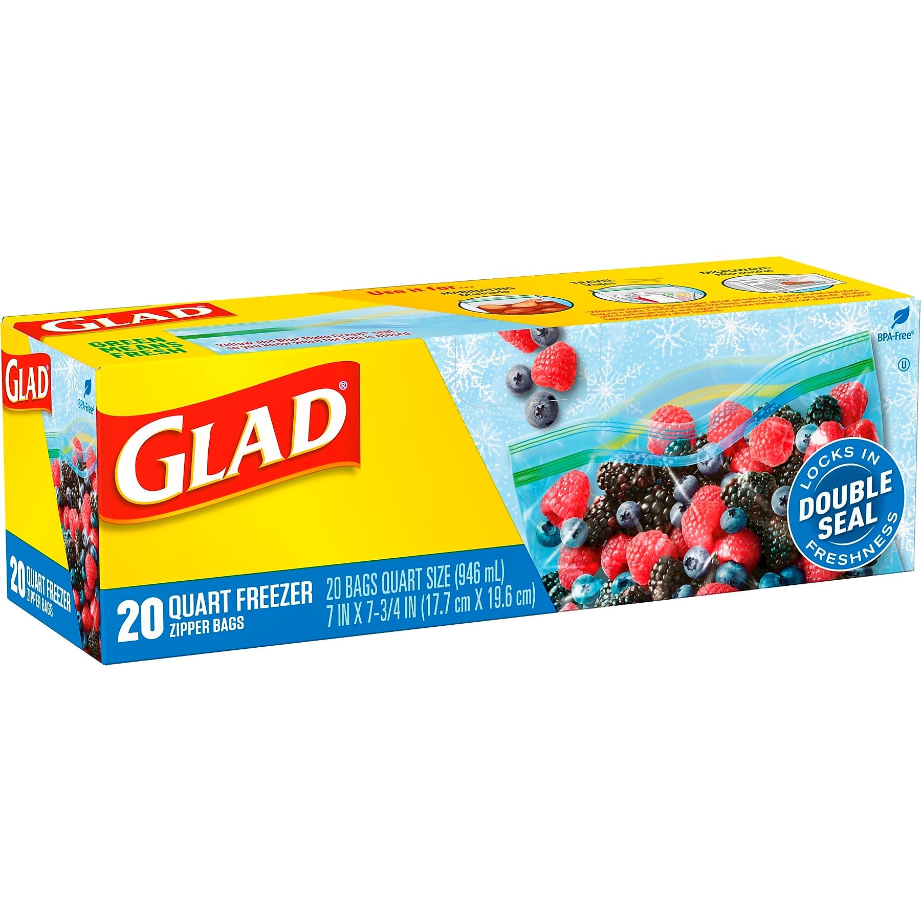 Glad Zipper Freezer Bags, Quart, 20 Bags/Box