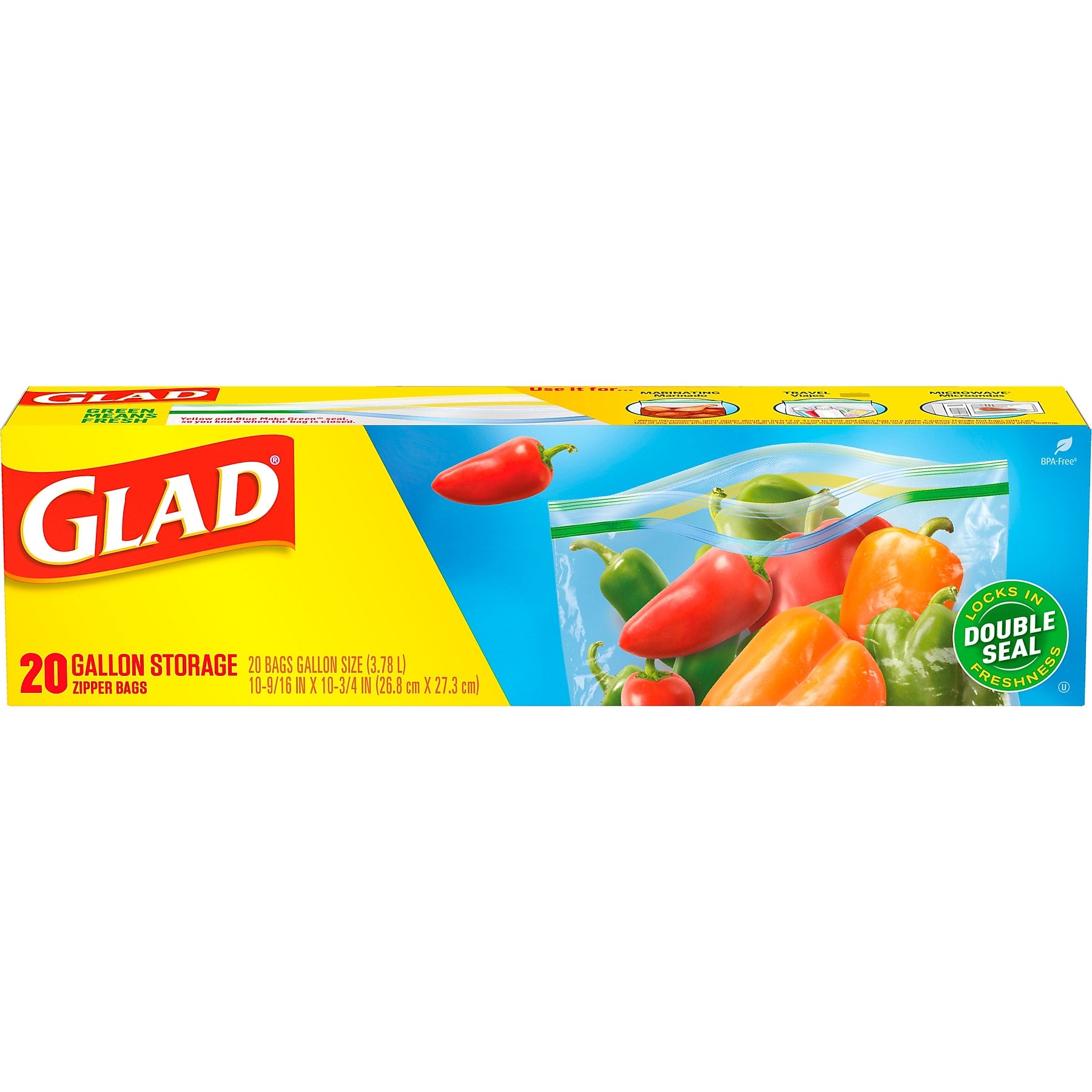 Glad Zipper Storage Bags, Gallon, 20 Bags/Box