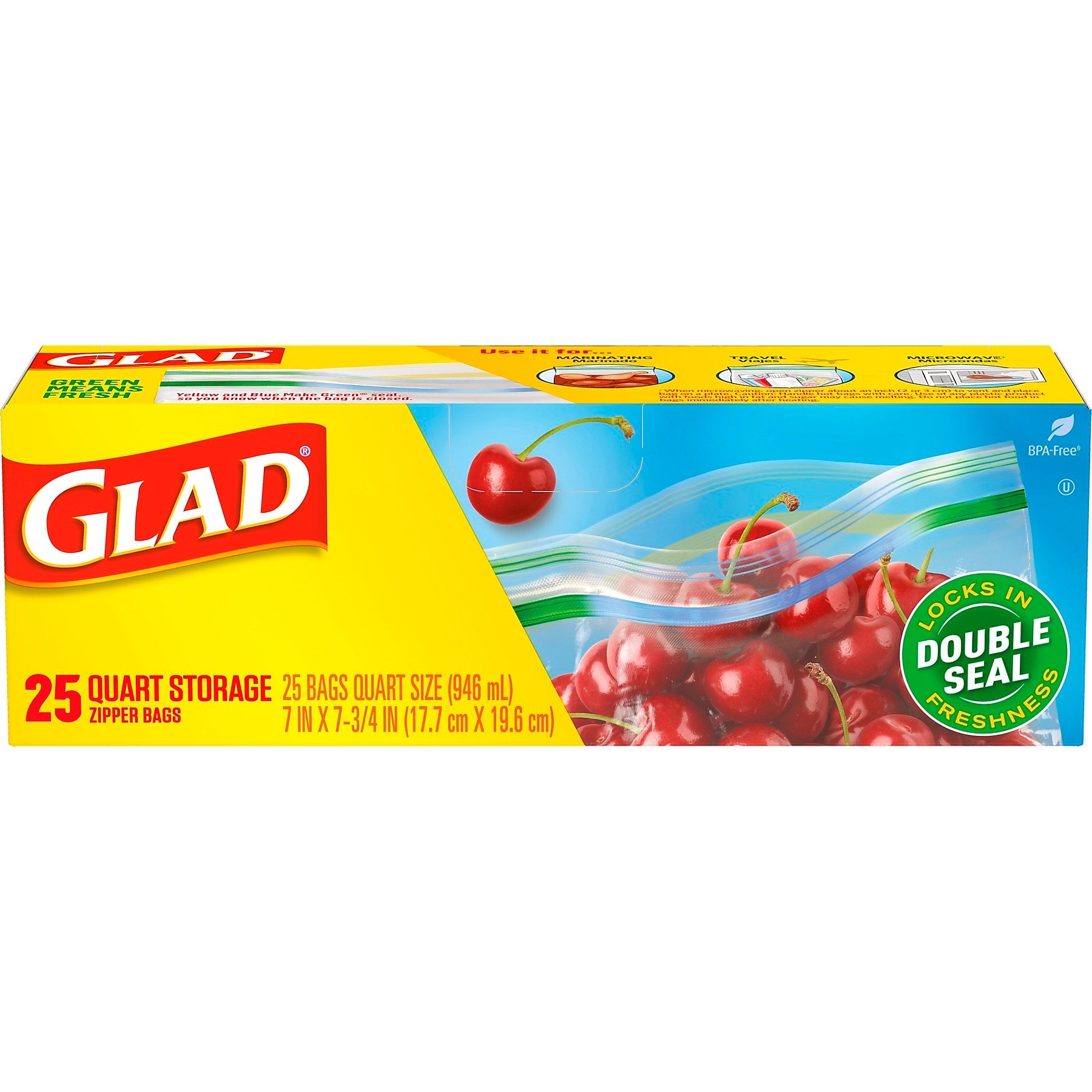 Glad Zipper Storage Bags, Quart, 25/Box