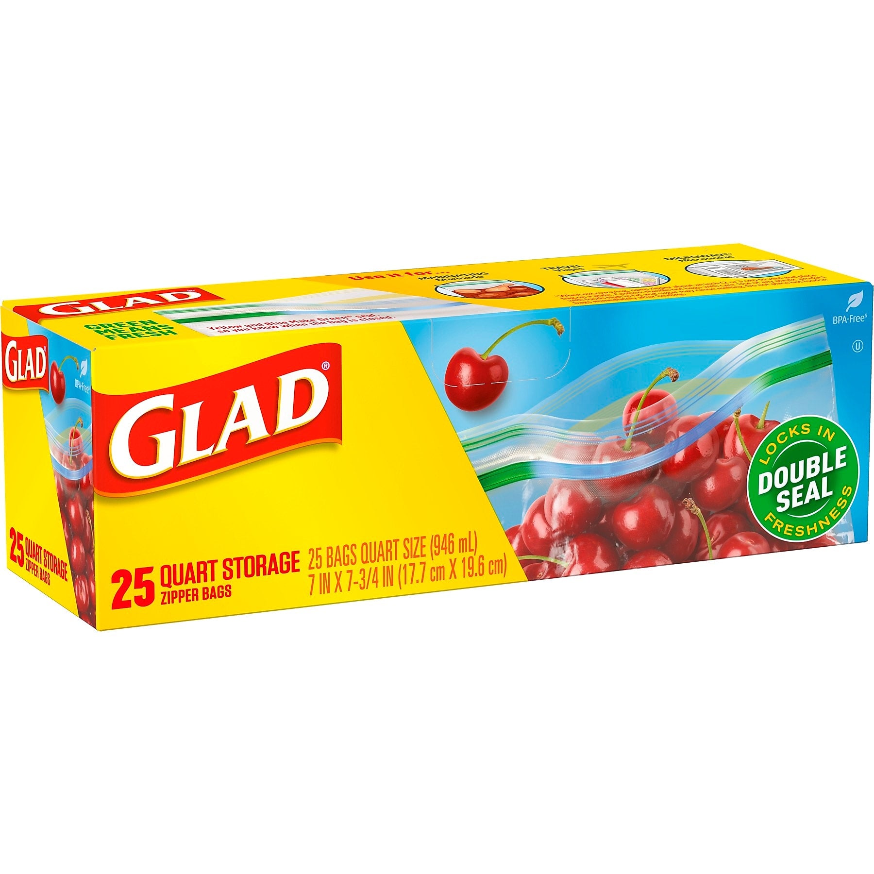 Glad Zipper Storage Bags, Quart, 25/Box