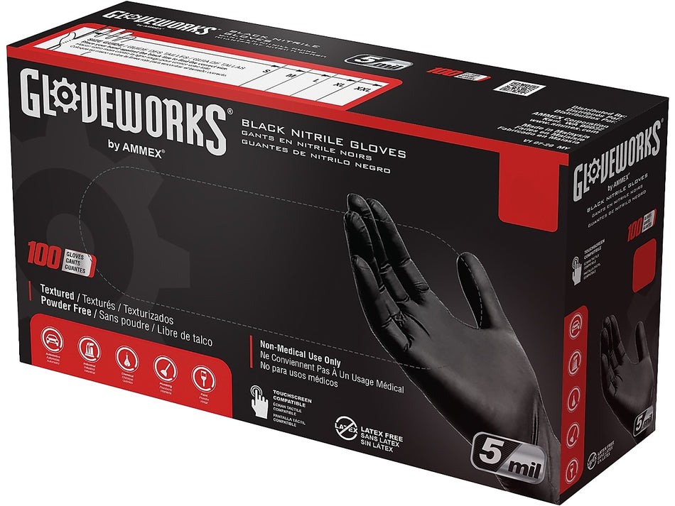 GloveWorks GPNB Nitrile Industrial Grade Gloves, Large, Black, 100/Box