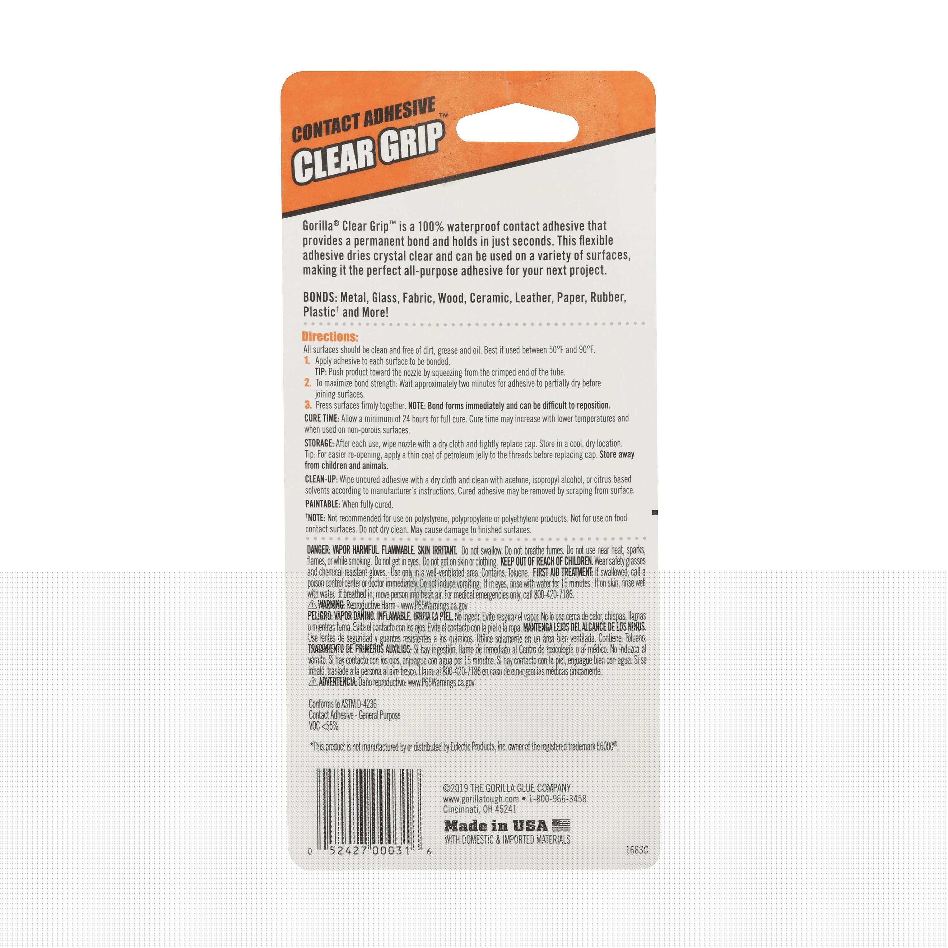 Gorilla Clear Grip Contact Adhesive, 3 oz., Crystal Clear