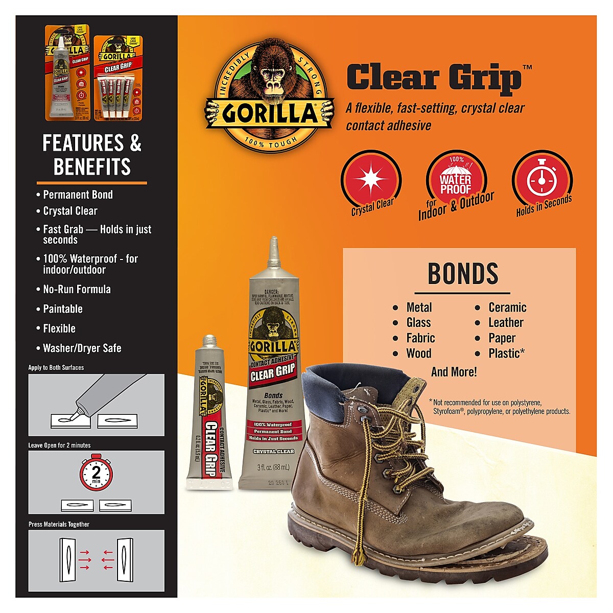 Gorilla Clear Grip Contact Adhesive, 3 oz., Crystal Clear