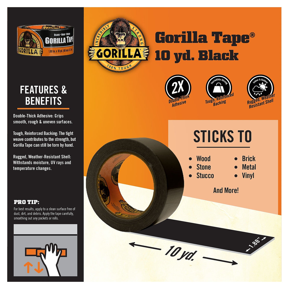 Gorilla Duct Tape, 1.88" x 10 yds., Black