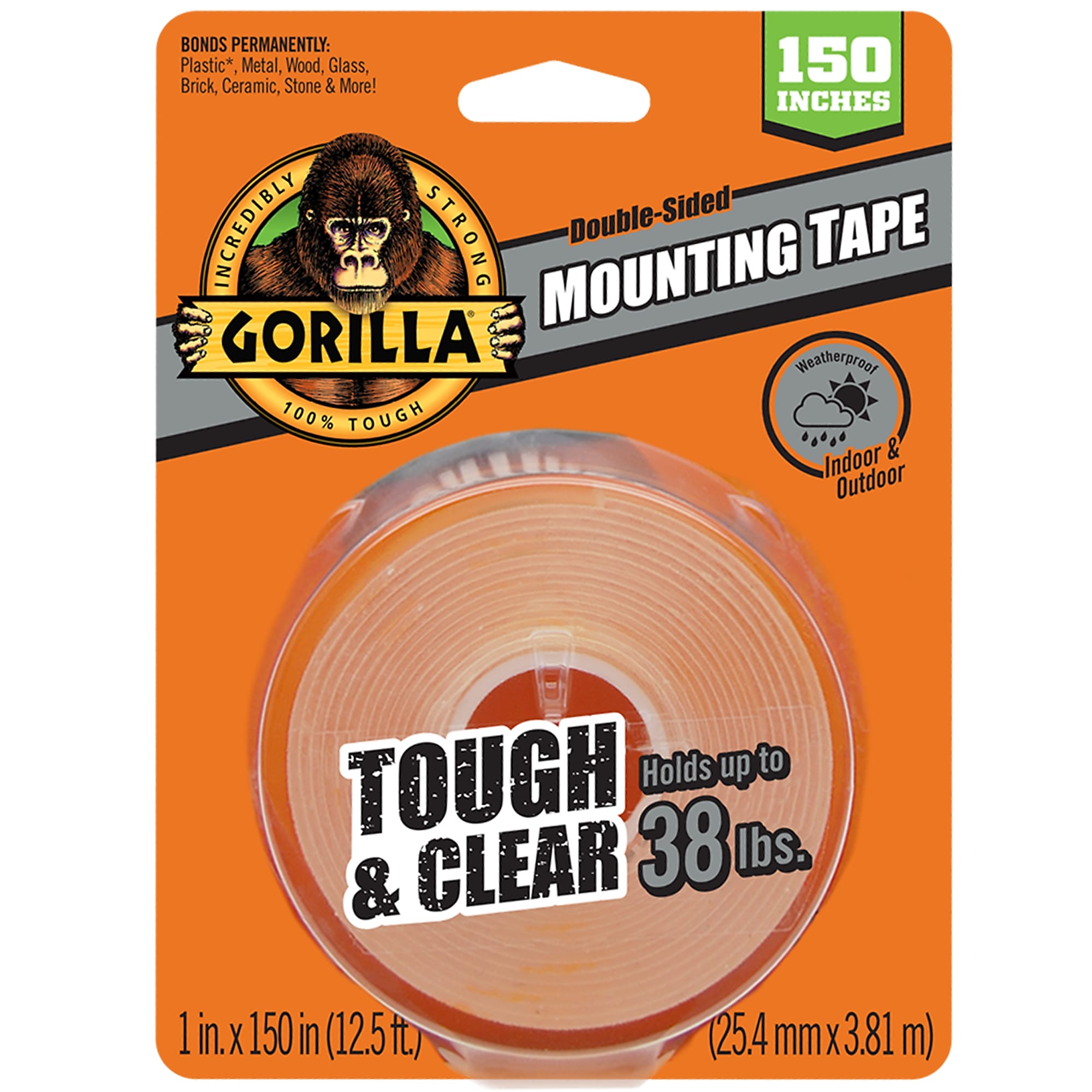 Gorilla Tough & Clear Double-Sided Mounting Tape, 1" x 150", Clear