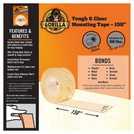 Gorilla Tough & Clear Double-Sided Mounting Tape, 1" x 150", Clear