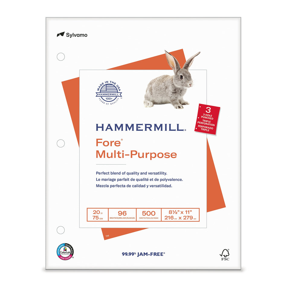 Hammermill Fore 8.5" x 11", 3-Hole Punched Multipurpose Paper, 20 lbs., 96 Brightness, 500 Sheets/Ream