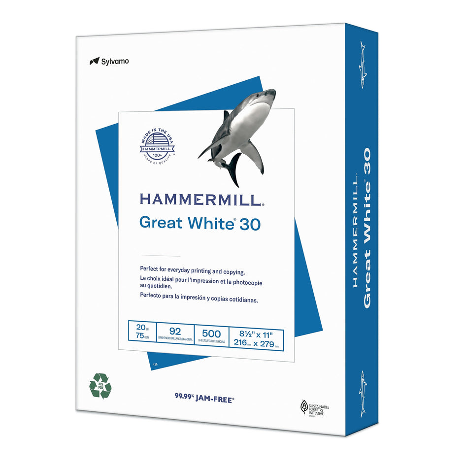 Hammermill Great White 30% Recycled 8.5" x 11" Copy Paper, 20 lbs., 92 Brightness, 500 Sheets/Ream