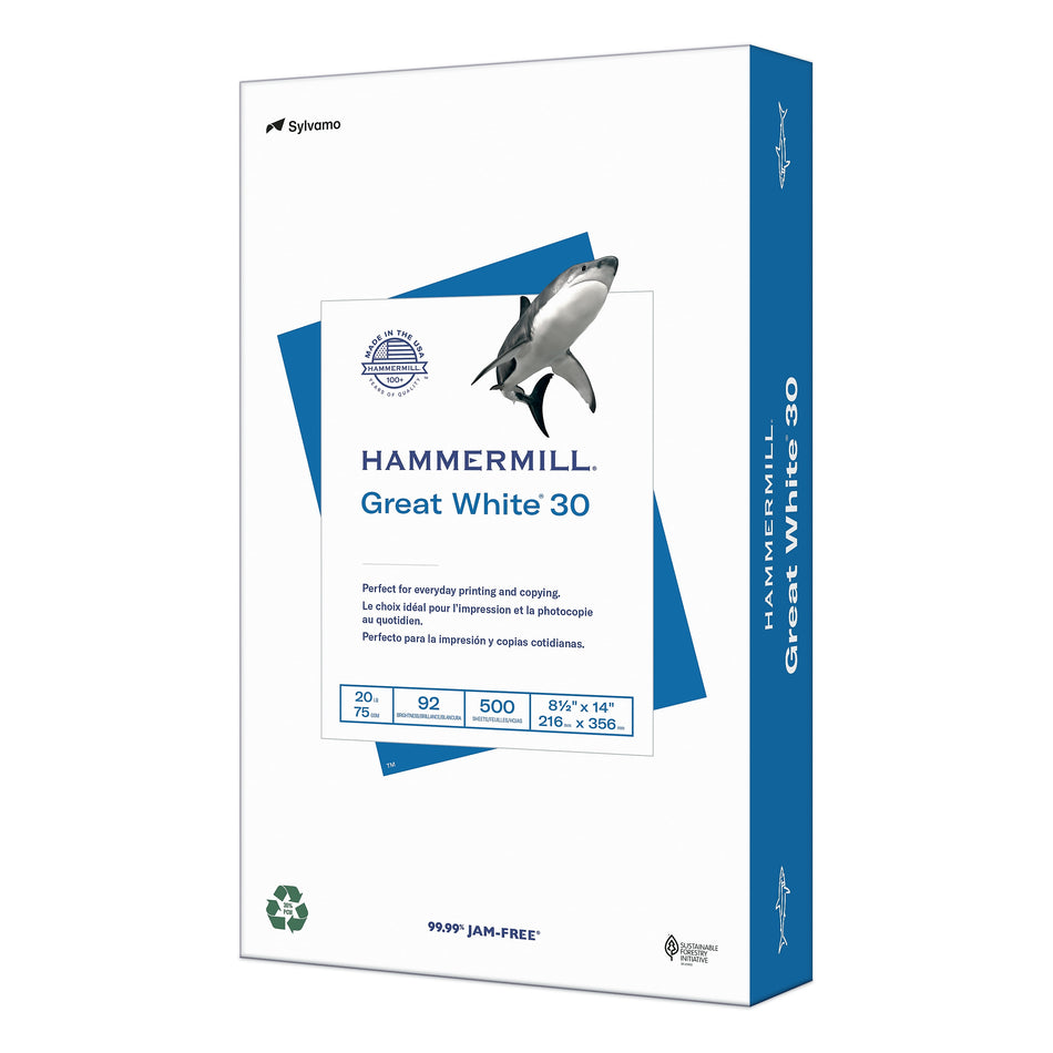 Hammermill Great White 30% Recycled 8.5" x 14" Copy Paper, 20 lbs., 92 Brightness, 500/Ream