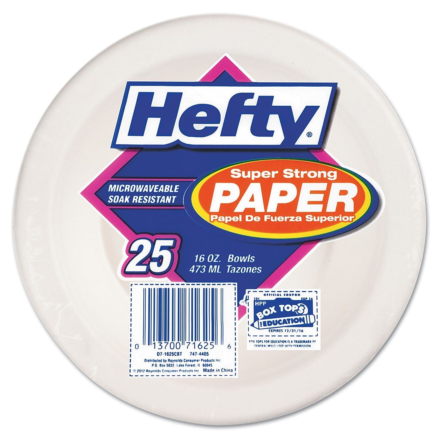 Hefty Compostable Paper Bowl, 16 oz, White, 25 Bowls/Pack, 12 Packs/Carton