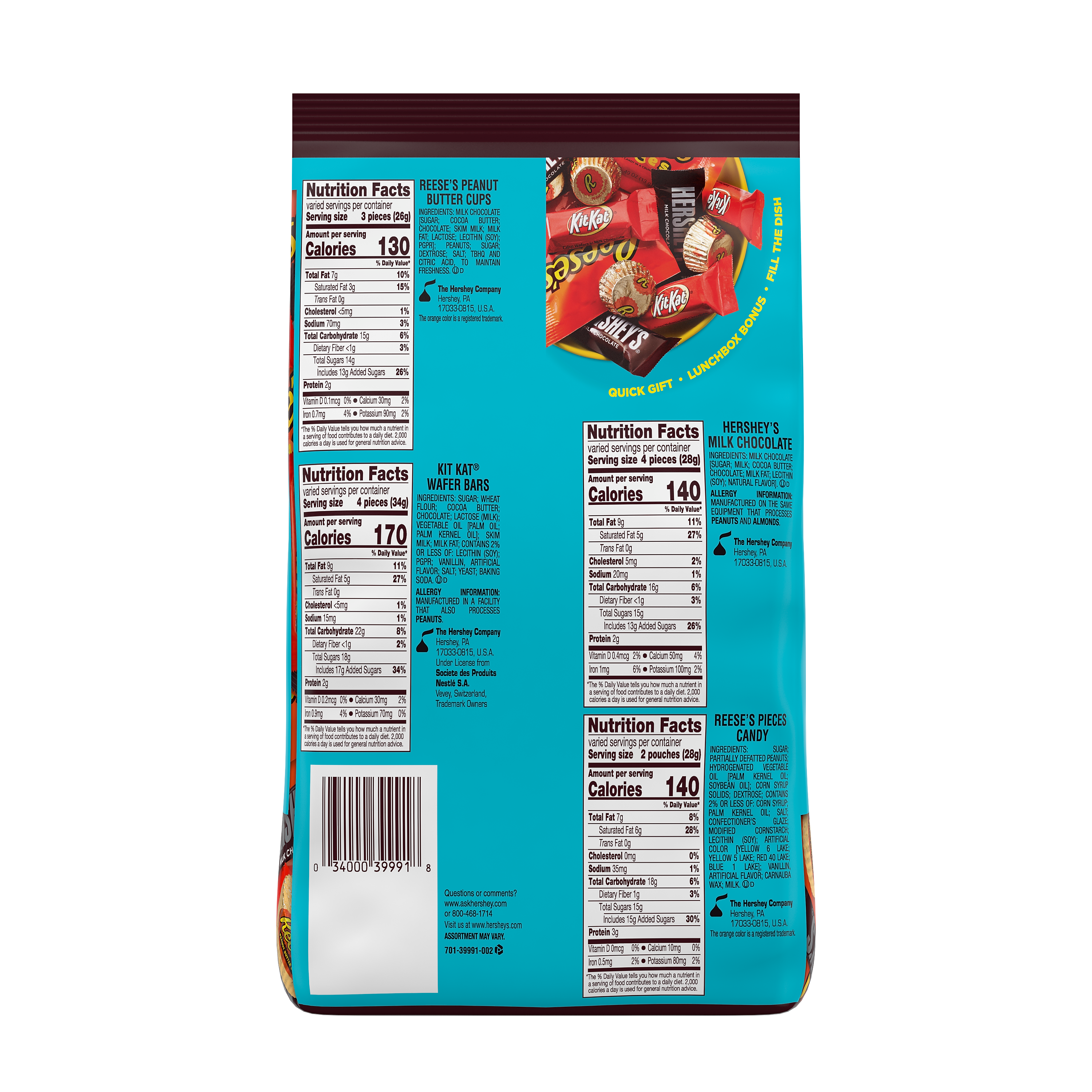 Hershey's Party Pack Miniatures Reese's, Hershey's, KitKAt & Reese's Pieces Milk Chocolate Variety, 33.38 oz.