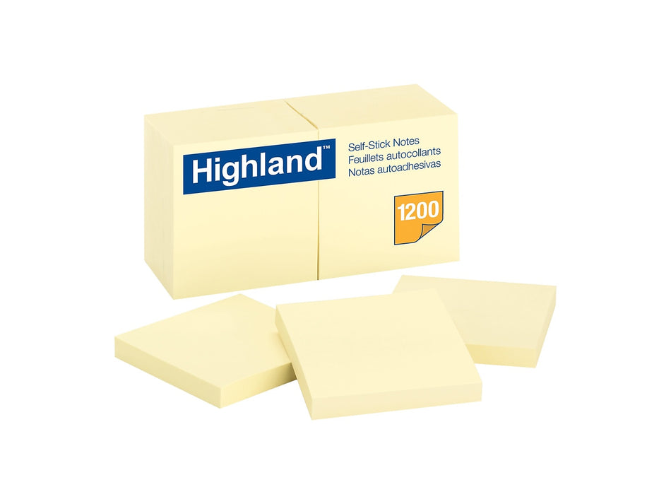 Highland Notes, 3" x 3", Yellow, 100 Sheet/Pad, 12 Pads/Pack