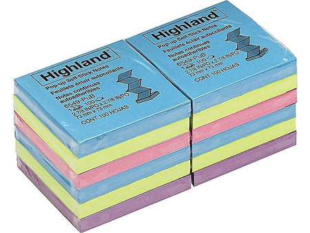 Highland Pop-up Notes, 3" x 3", Assorted Collection, 100 Sheet/Pad, 12 Pads/Pack