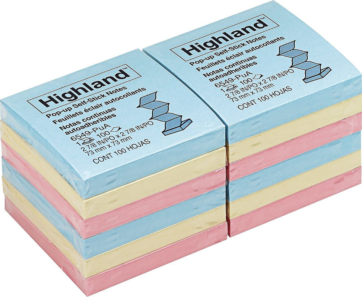 Highland Pop-up Notes, 3" x 3", Assorted Collection, 100 Sheet/Pad, 12 Pads/Pack