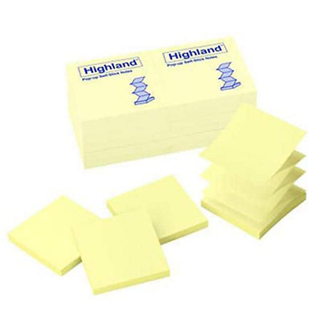 Highland Pop-up Notes, 3" x 3", Yellow, 100 Sheet/Pad, 12 Pads/Pack