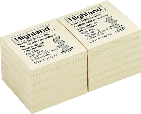 Highland Pop-up Notes, 3" x 3", Yellow, 100 Sheet/Pad, 12 Pads/Pack