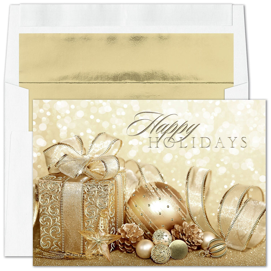 "Holiday Package" Holiday Card w/ Gold Lined White, 100/BX