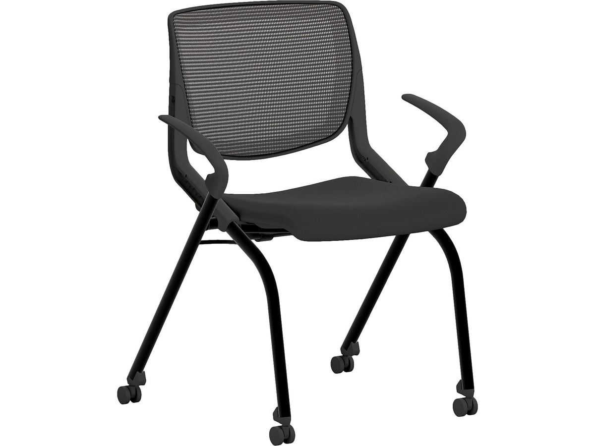 HON Motivate Fabric/Mesh Nesting Stacking Chair, Black/Charblack