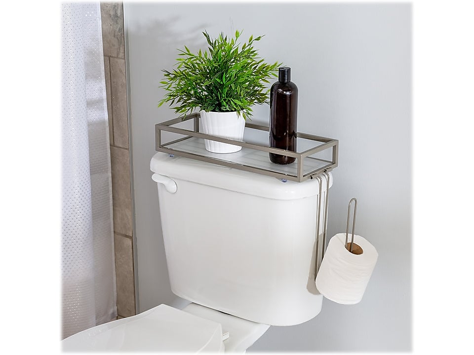 Honey-Can-Do Toilet Paper Holder with Over-the-Toilet Storage Tray, Satin Nickel