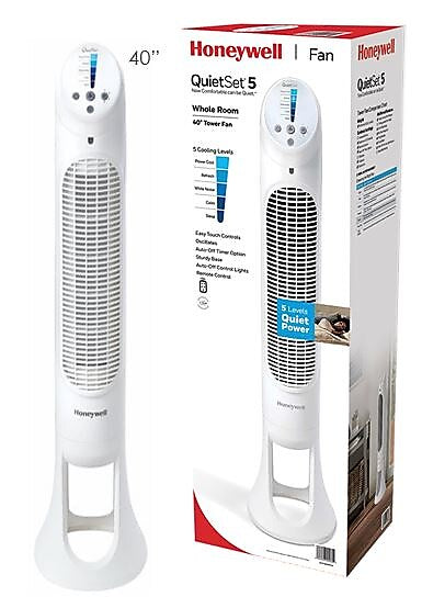 Honeywell QuietSet 32.8"H 5 Speed Oscillating Tower Fan, White