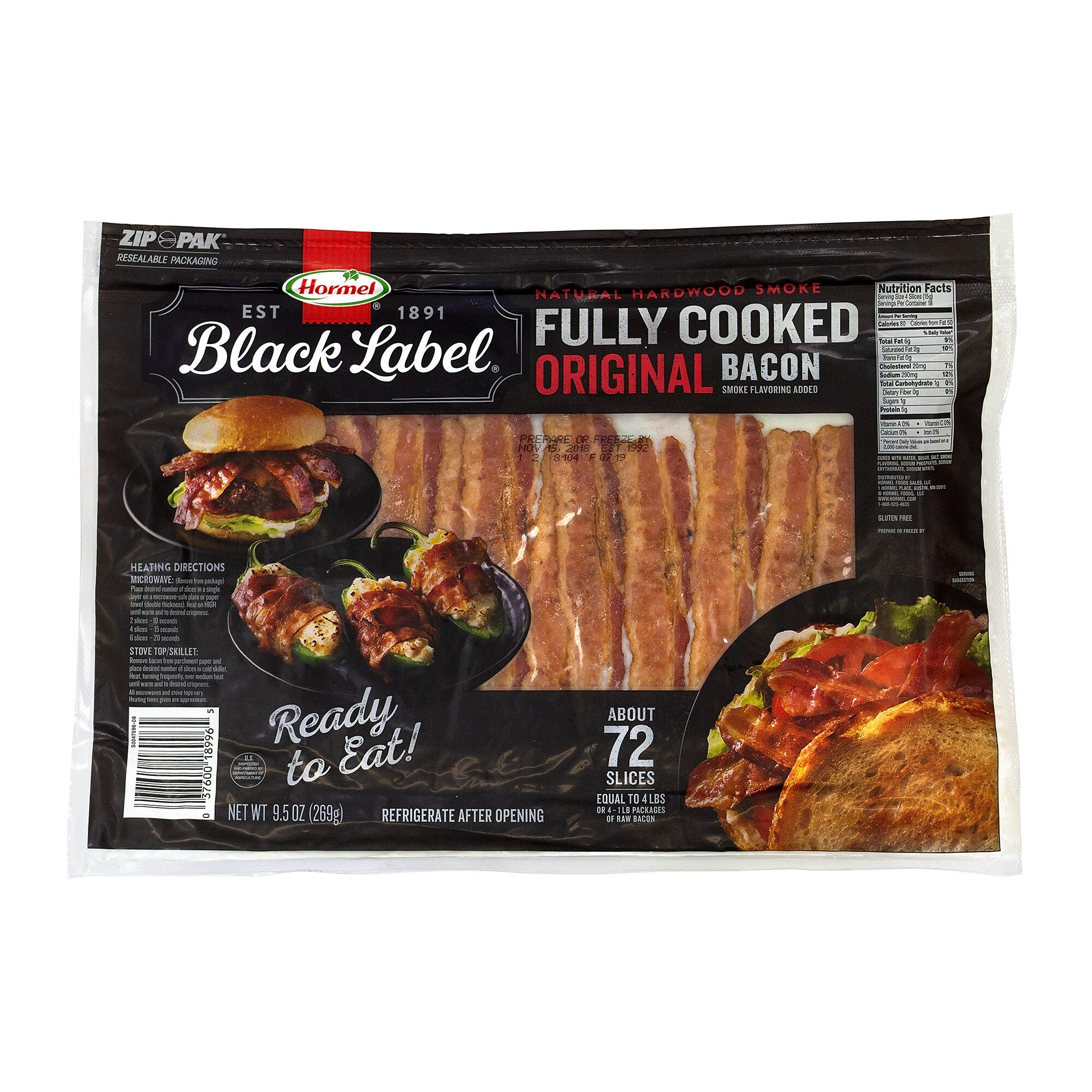 Hormel Fully Cooked Bacon, 9.5 oz., 72 Strips/Pack