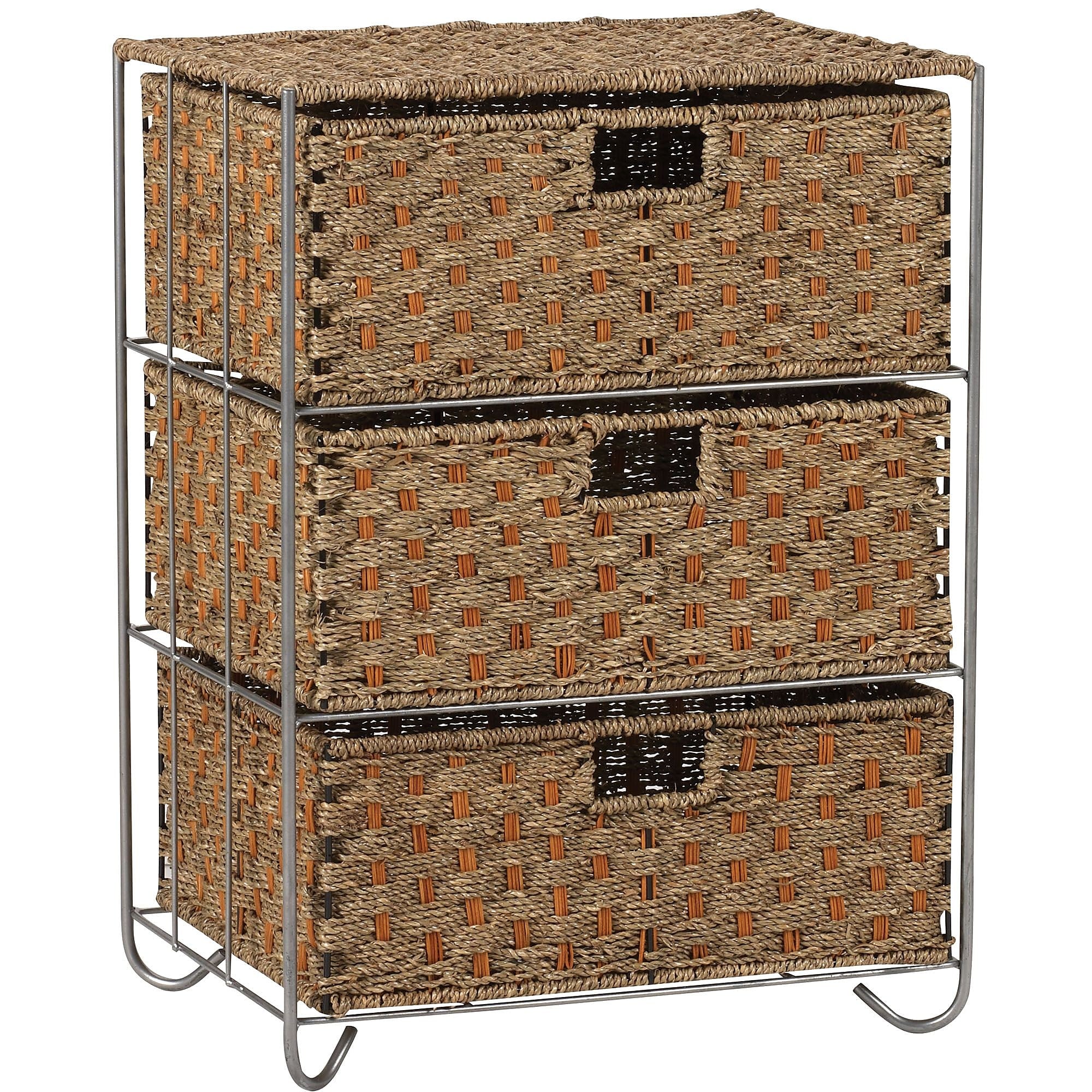 Household Essentials Woven Seagrass and Rattan Storage Unit Side Table With 3 Drawers, Brown/Tan