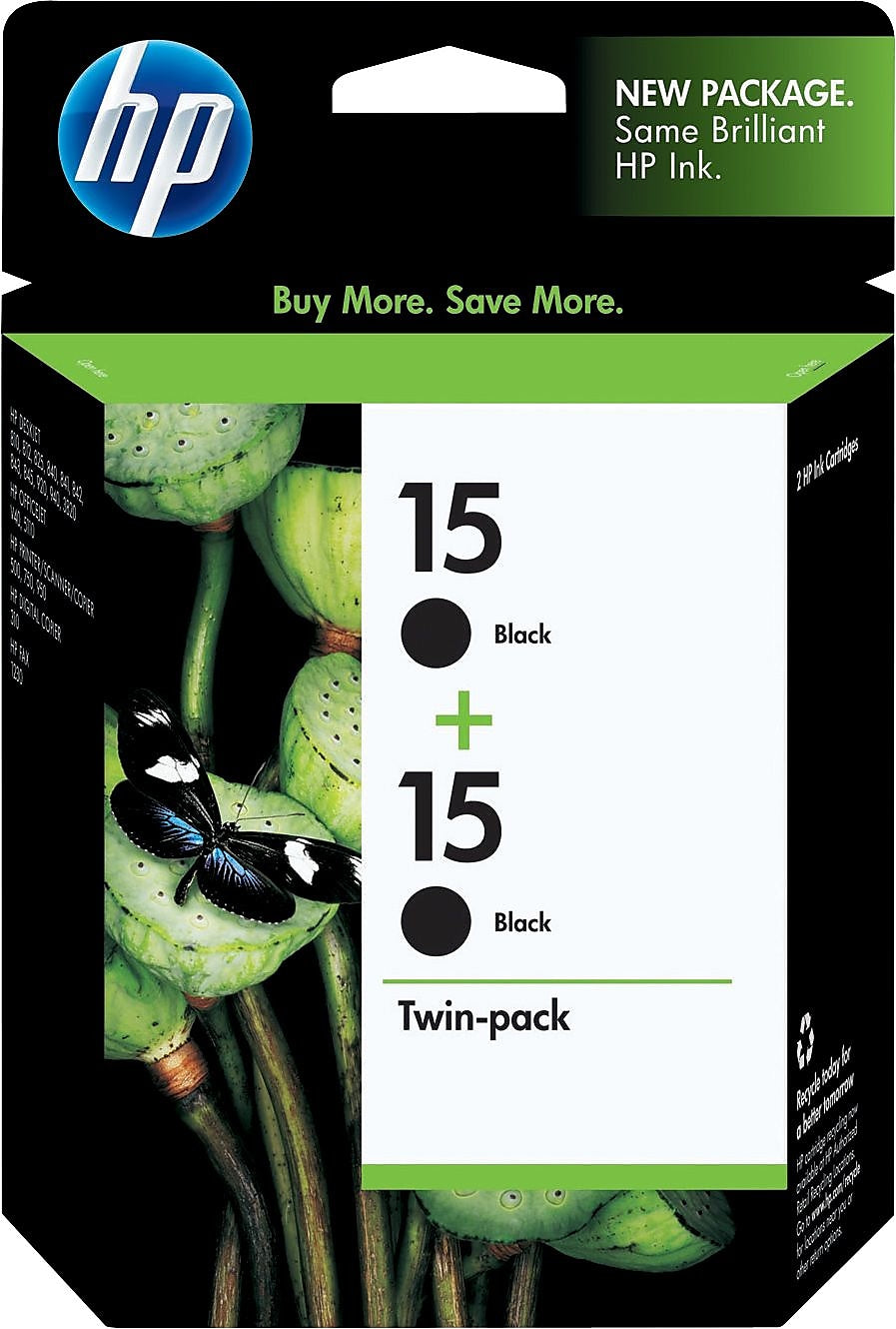 HP 15 Black Standard Yield Ink Cartridge, 2/Pack