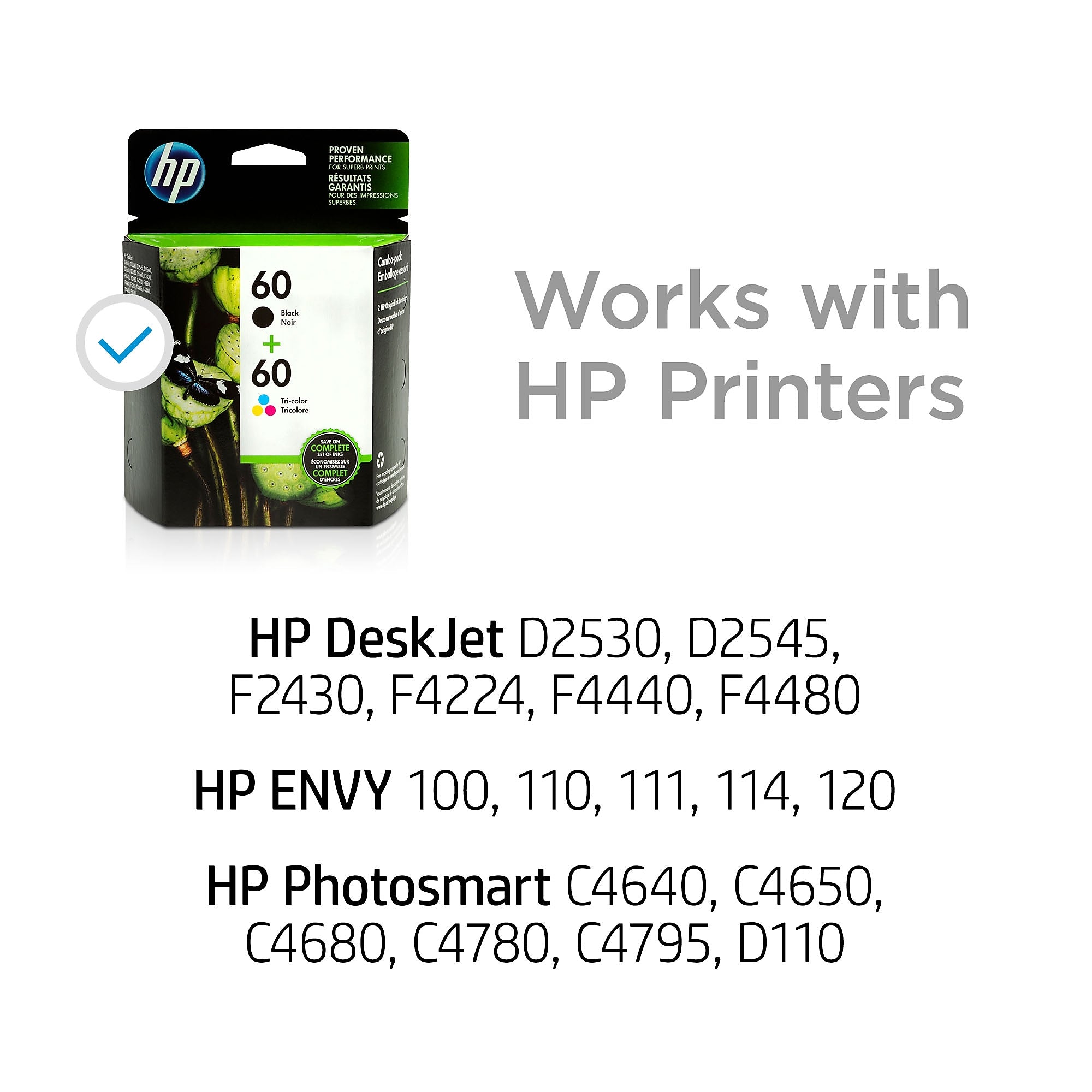 HP 60 Black/Tri-Color Standard Yield Ink Cartridge, 2/Pack