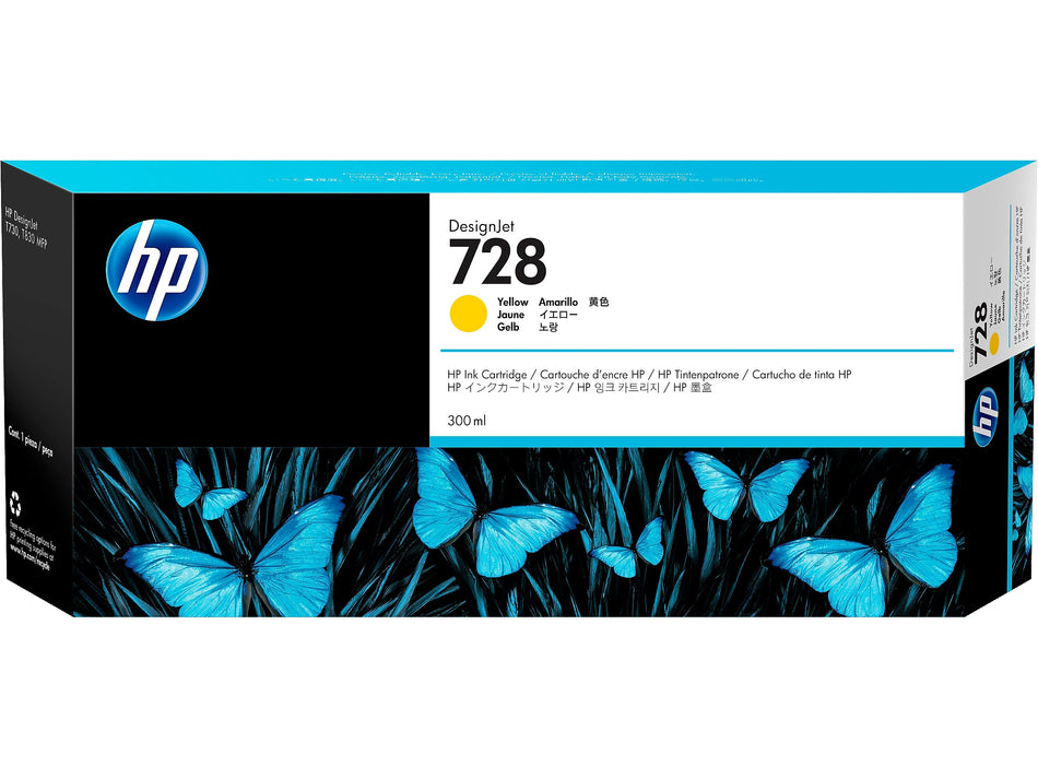 HP 728 Yellow High Yield Ink Cartridge, 300 ml