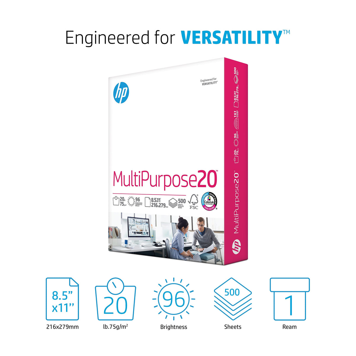 HP 8.5" x 11" Multipurpose Paper, 20 lbs., 96 Brightness, 500 Sheets/Ream