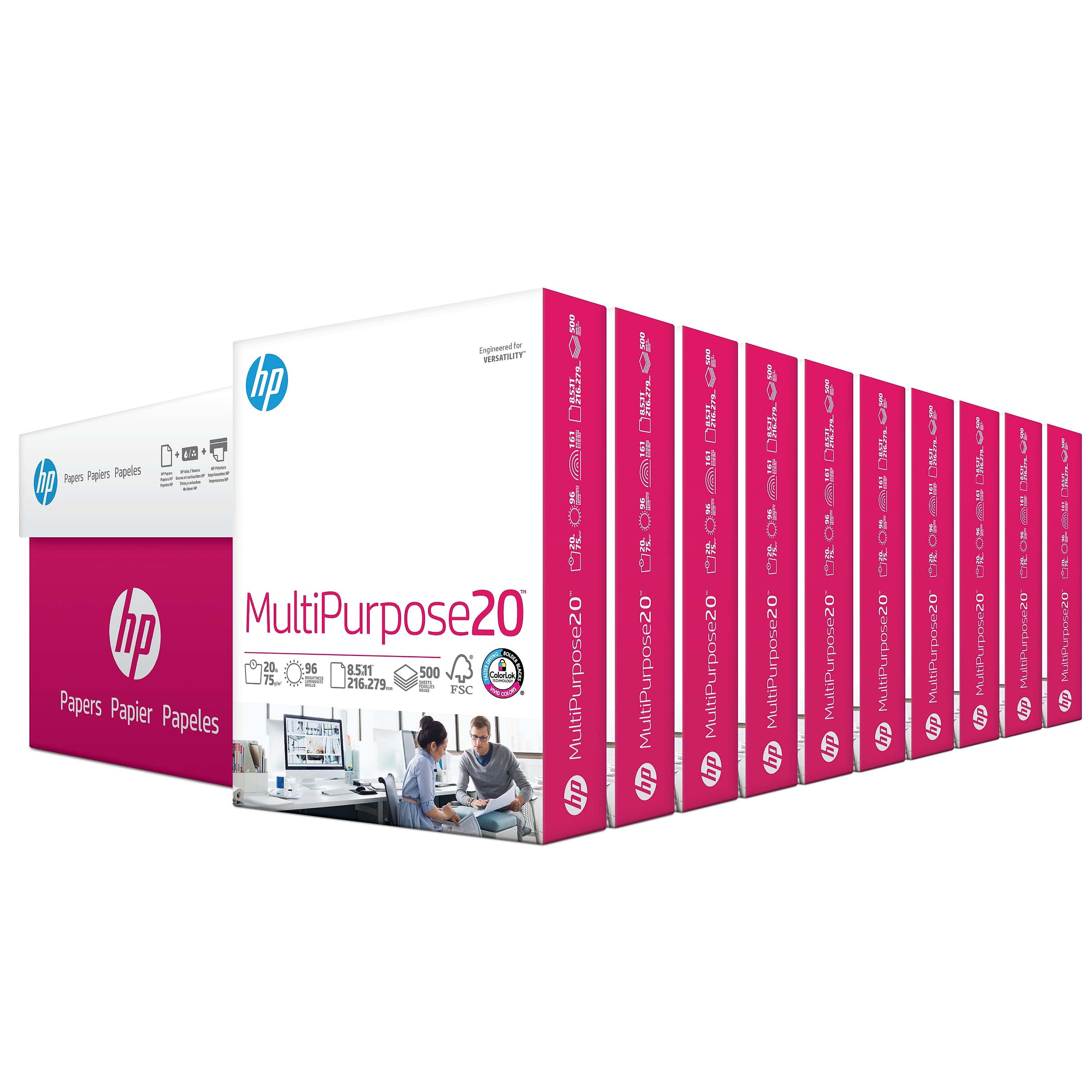 HP 8.5" x 11" Multipurpose Paper, 20 lbs., 96 Brightness, 5000 Sheets/Carton