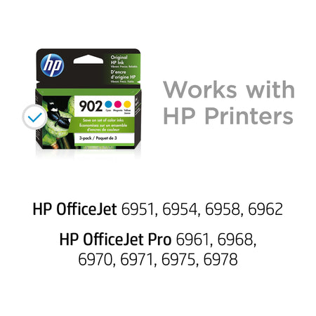 HP 902 Cyan/Magenta/Yellow Standard Yield Ink Cartridge, 3/Pack , print up to 315 pages