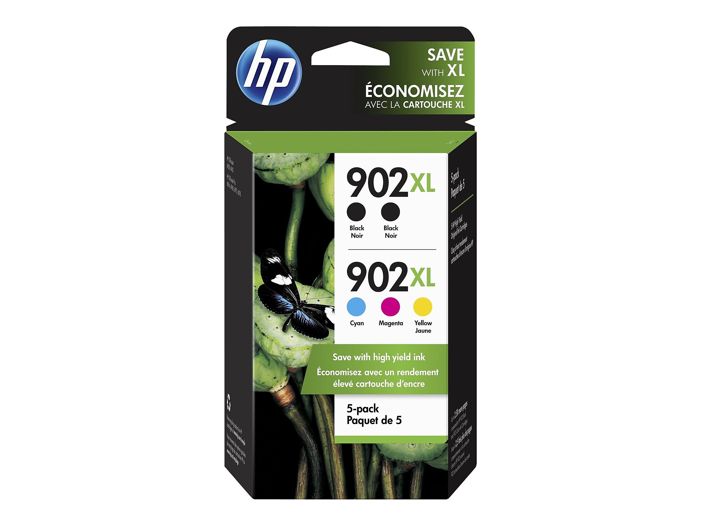 HP 902XL Black/Cyan/Magenta/Yellow High Yield Ink Cartridge, 5/Pack