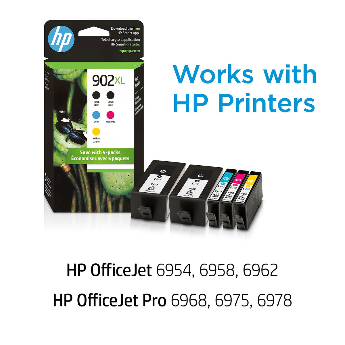 HP 902XL Black/Cyan/Magenta/Yellow High Yield Ink Cartridge, 5/Pack