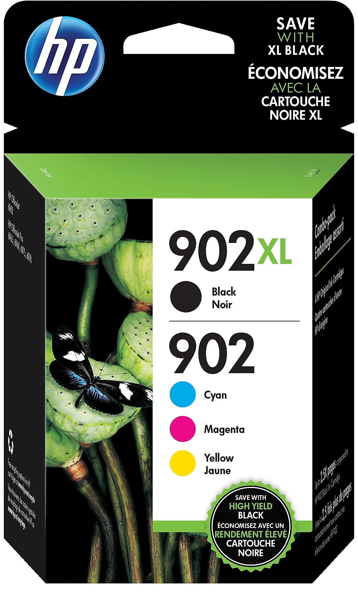 HP 902XL/902 Black High Yield and Cyan/Magenta/Yellow Standard Yield Ink Cartridge, 4/Pack